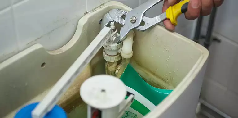 Professional plumber repairing toilet in Broward County home